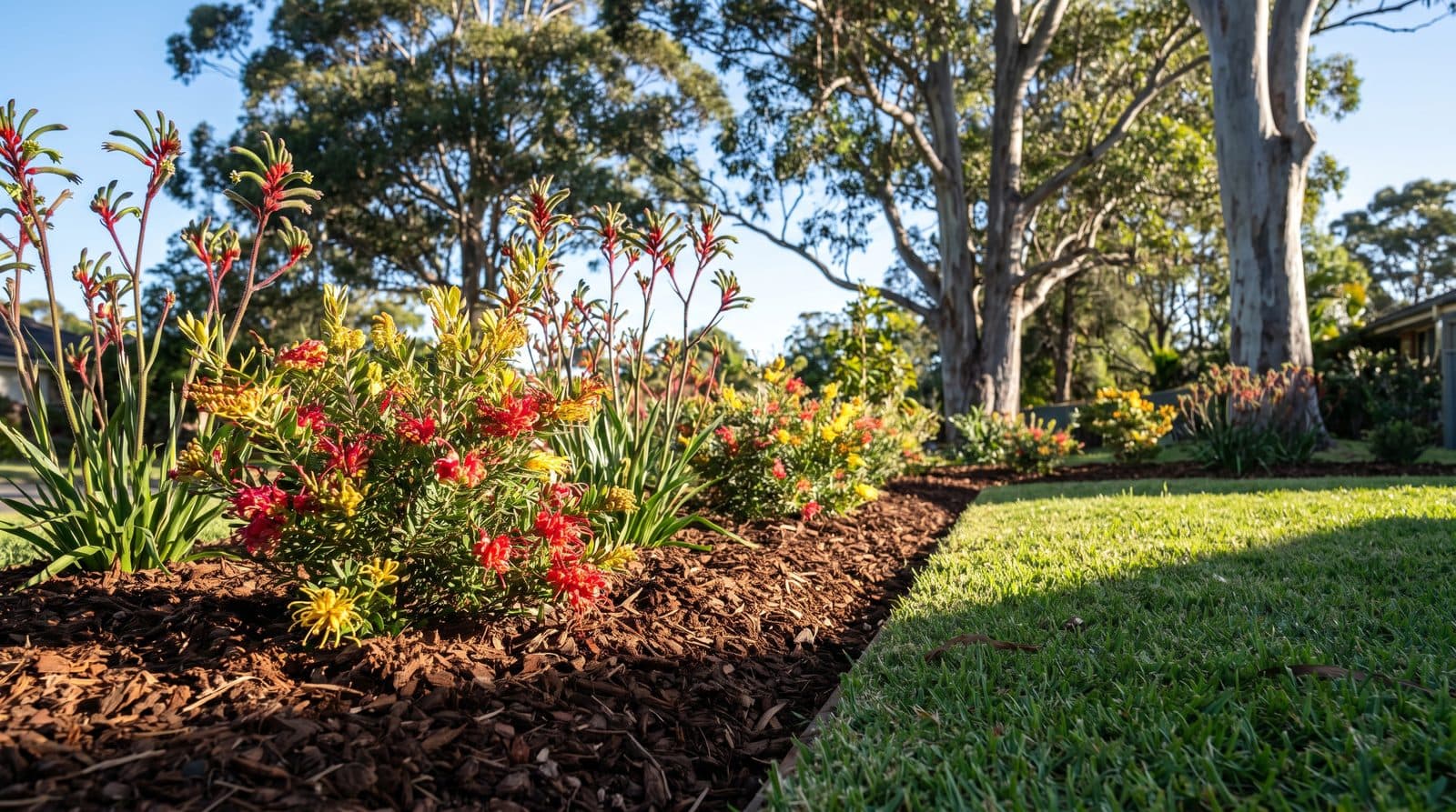 A tidy native garden bed with fresh mulch