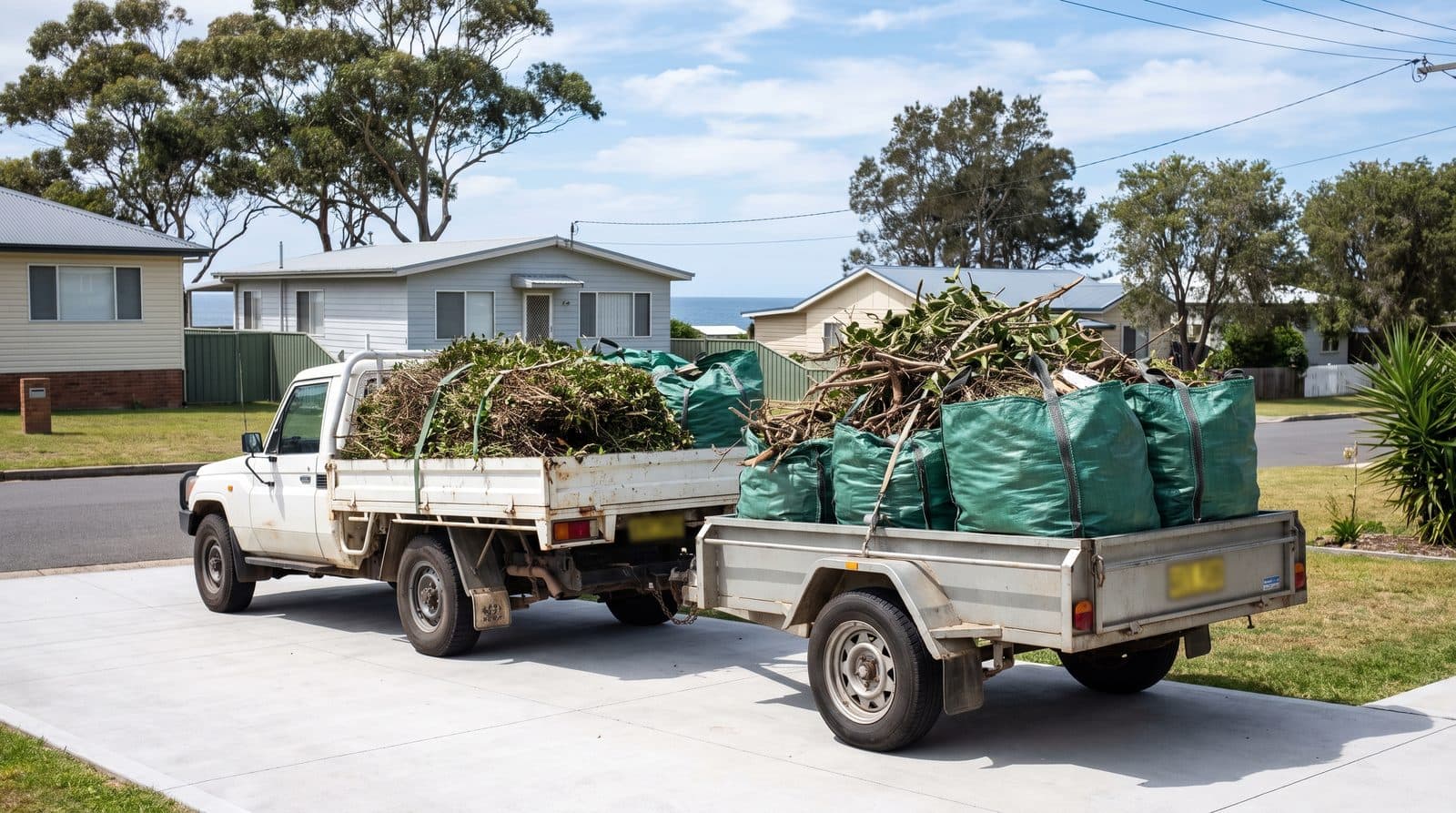 A ute and trailer loaded with green waste