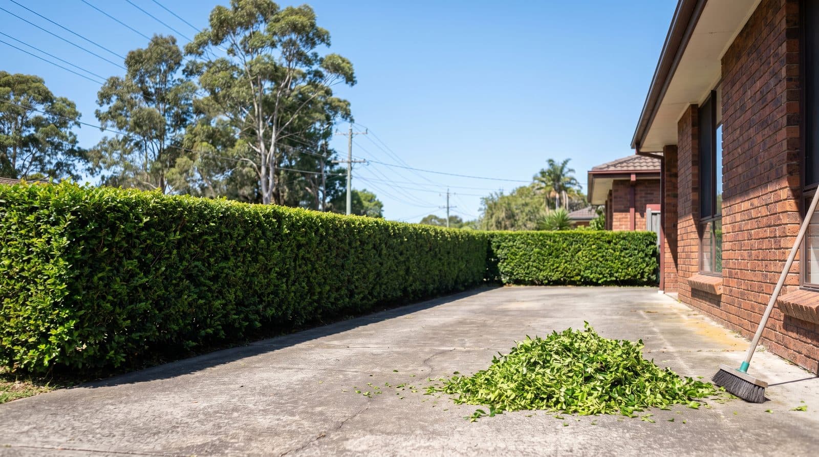 A neatly trimmed lilly pilly hedge along a driveway