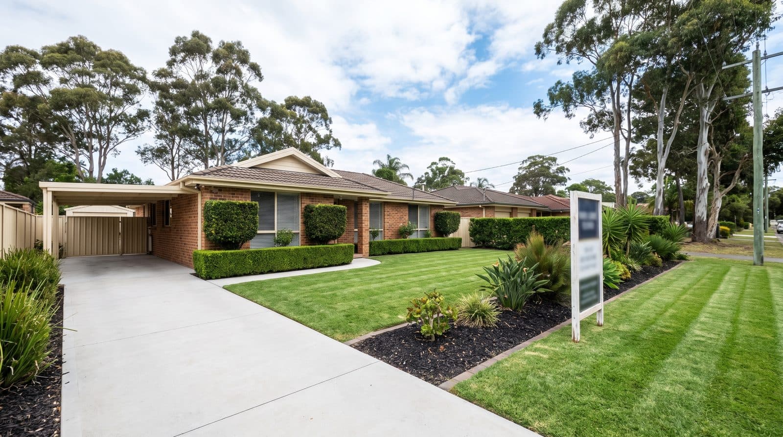 A home presented for sale with immaculate lawn and hedges