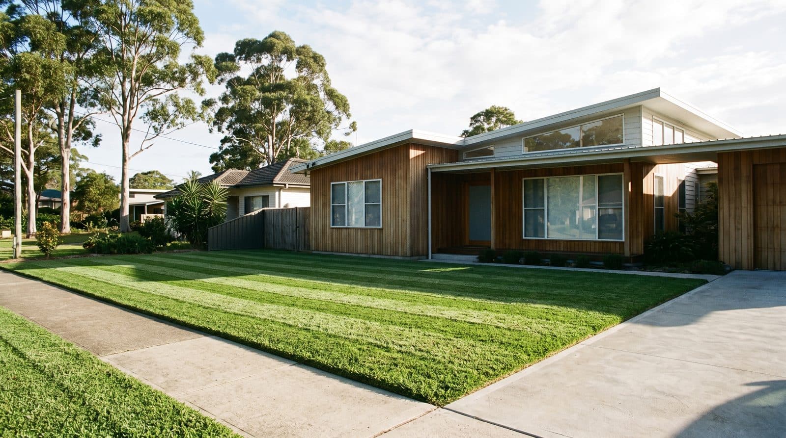Freshly mowed striped lawn in front of a Central Coast home