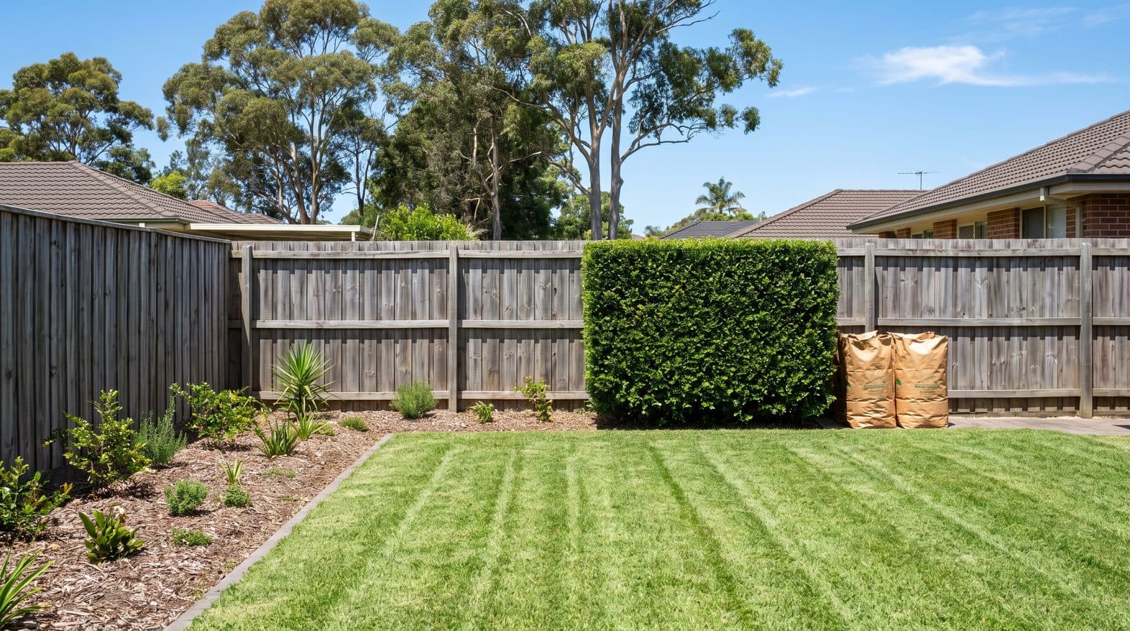 A backyard just tidied, green waste bagged by the fence